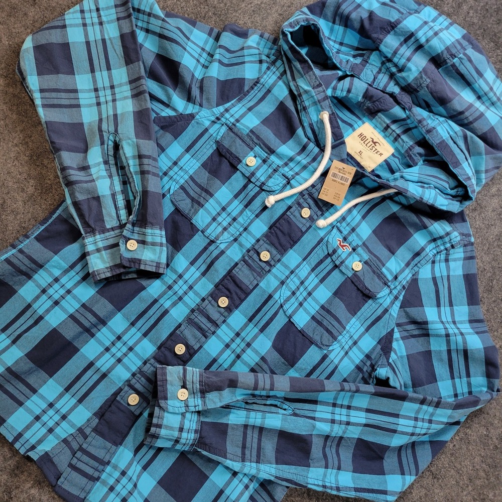 Hollister Shacket Mens XL Blue Plaid Hooded Y2K Surfer Casual Pockets Drawstring